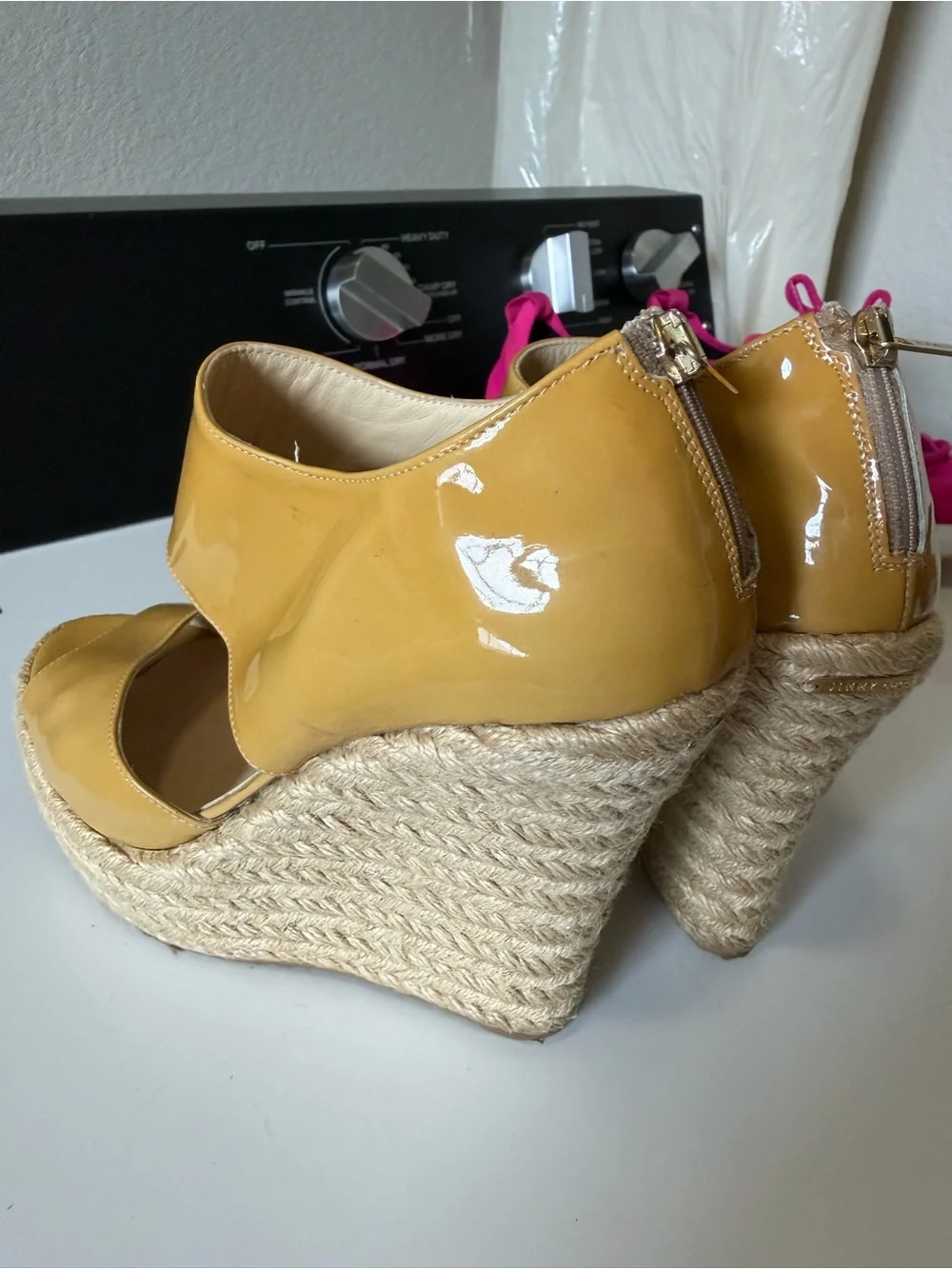 Jimmy Choo Patent Leather Espadrille Wedge Sandals Mustard Gold EU 39 US 9